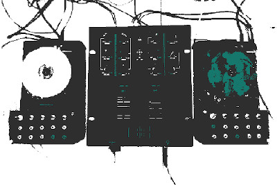 black and white image of two cd players with a dj mixer with some green highlights